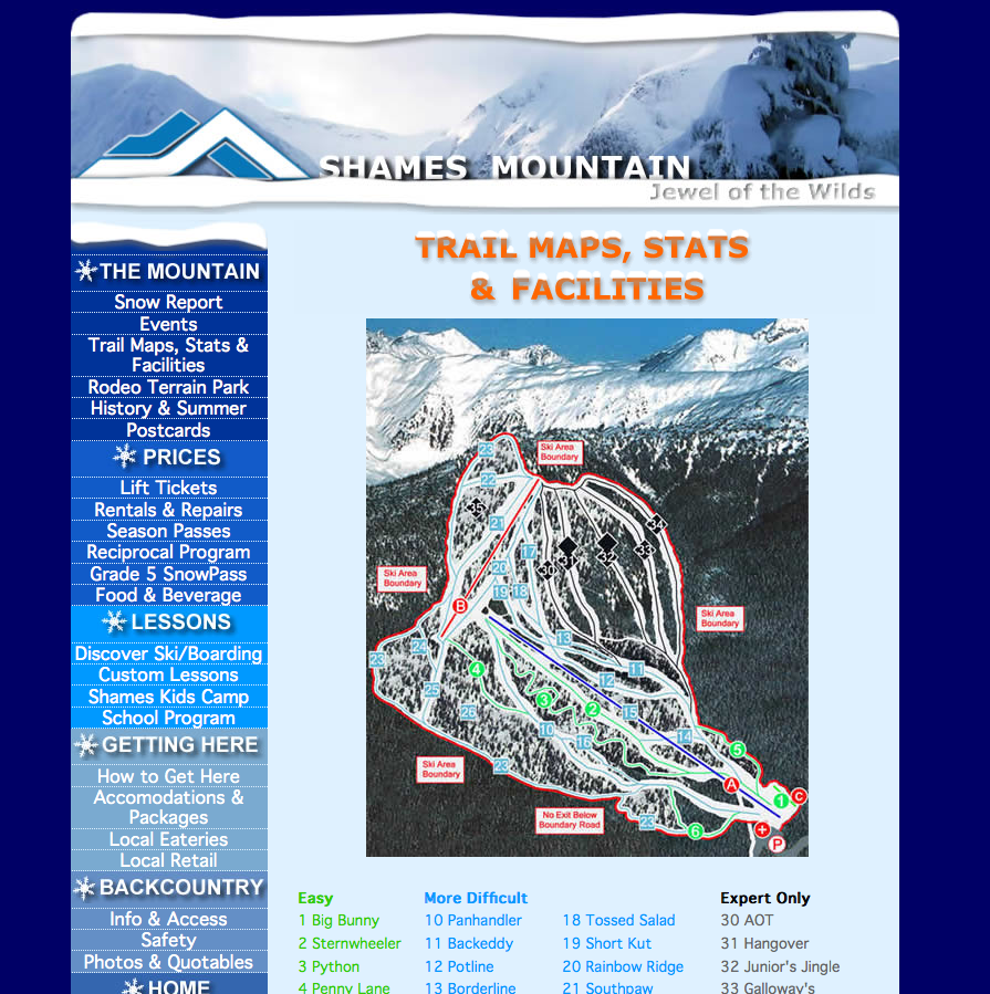Website homepage of Shames Mountain